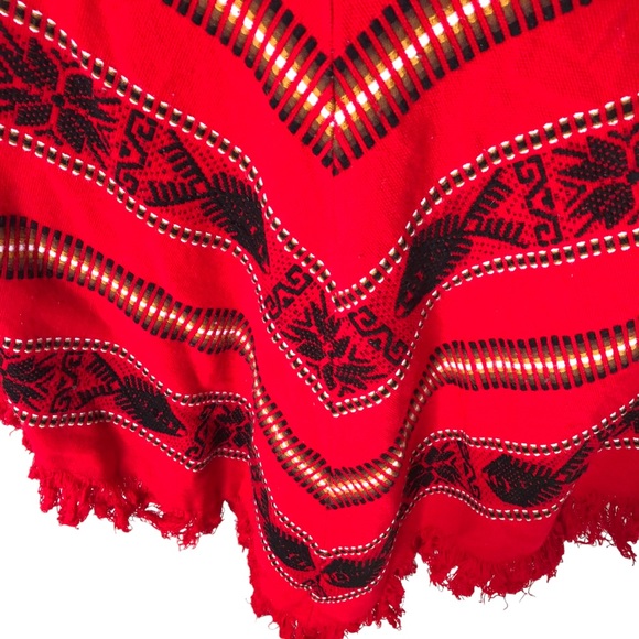 Hippie Poncho Shawl Red Fish Boho StripeGeo Knit Cape Blanket Vintage Fe… - Picture 8 of 12